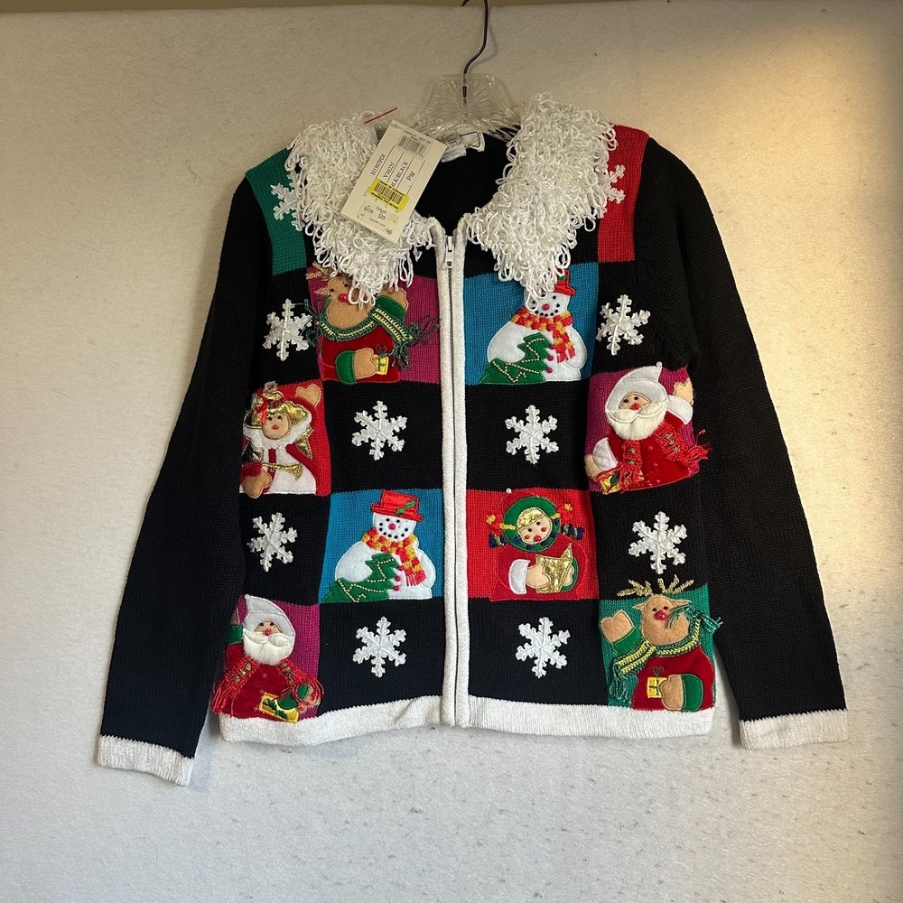 Vintage NOS Lisa International sz PM Embellished Christmas Sweater Full Zip NEW